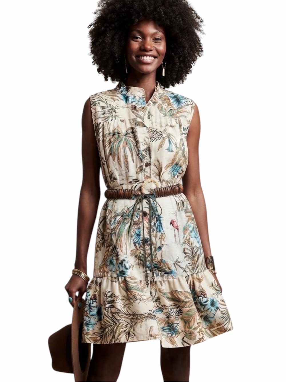 Banana Republic Linen Flounce Dress Tropical Rainforest Print Size Medium